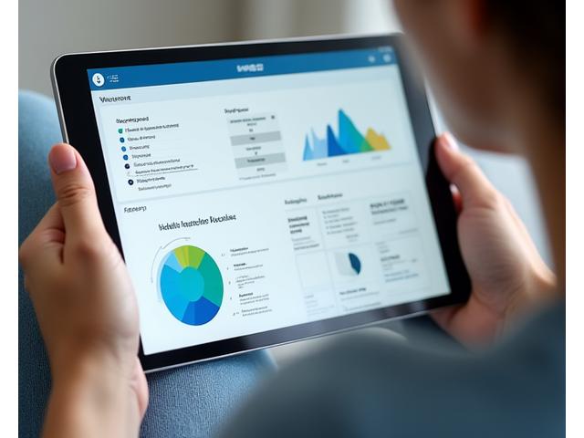 Persona adulta evaluando su espacio de trabajo ergonómico en una tablet, con gráficos de progreso y recomendaciones en pantalla.