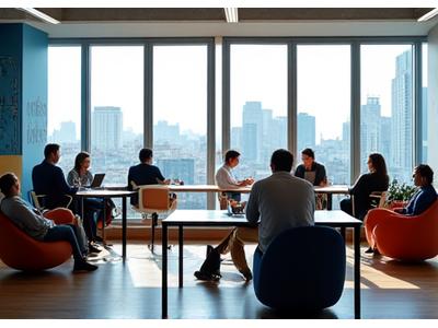 Teletrabajadores adultos colaborando y conversando en un moderno espacio de coworking en Madrid, con luz natural y diseño inspirador, simbolizando comunidad y productividad.