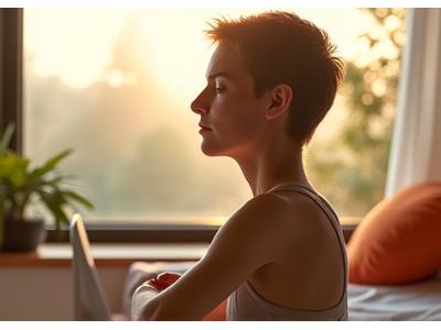 Una persona adulta realizando estiramientos suaves o meditación con los ojos cerrados, lejos de su portátil, en un ambiente tranquilo y natural, simbolizando un detox digital.