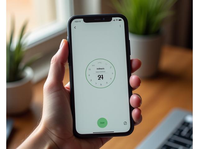 Primer plano de un smartphone mostrando una aplicación de gestión de tiempo y bienestar digital, con notificaciones silenciadas y un icono de árbol, en casa de un teletrabajador.