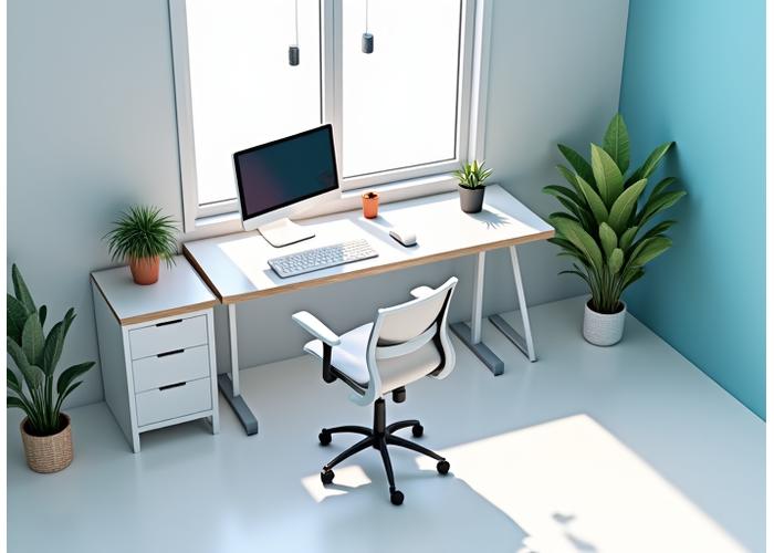 Diseño 3D de un espacio de oficina en casa ergonómico con silla ajustable, escritorio de pie, monitor elevado y luz natural, mostrando un ambiente de calma y eficiencia.