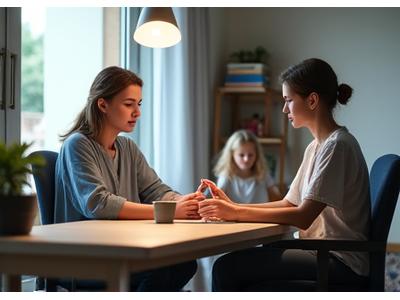 Una pareja adulta, quizás con un niño pequeño jugando en un segundo plano borroso, en un hogar acogedor, estableciendo límites digitales alrededor de un espacio de trabajo remoto delimitado, resaltando la armonía.