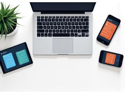 Dispositivos (portátil, tablet, smartphone) mostrando diferentes apps de productividad y bienestar, como gestores de tareas y meditación, con un diseño moderno y minimalista.