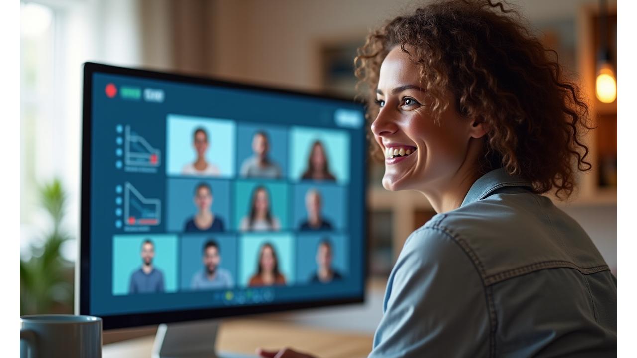 Persona adulta sonriendo y participando en un taller virtual de bienestar, con una interfaz de videollamada grupal superpuesta con gráficos de progreso y elementos de interacción, simbolizando el apoyo y la comunidad.