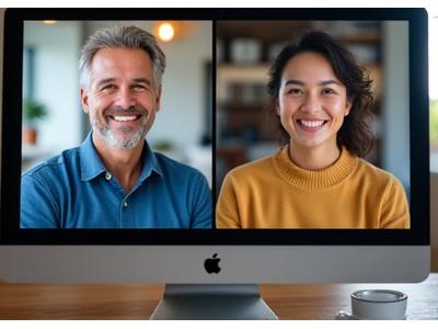 Dos personas, un hombre y una mujer adultos, sonriendo durante una videollamada de 'café virtual', con gráficos de redes de conexión de fondo, transmitiendo calidez y conexión a distancia.