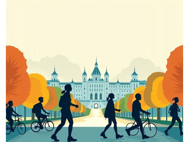 Iconos de Madrid con siluetas activas de personas, simbolizando salud urbana y vida activa en la ciudad