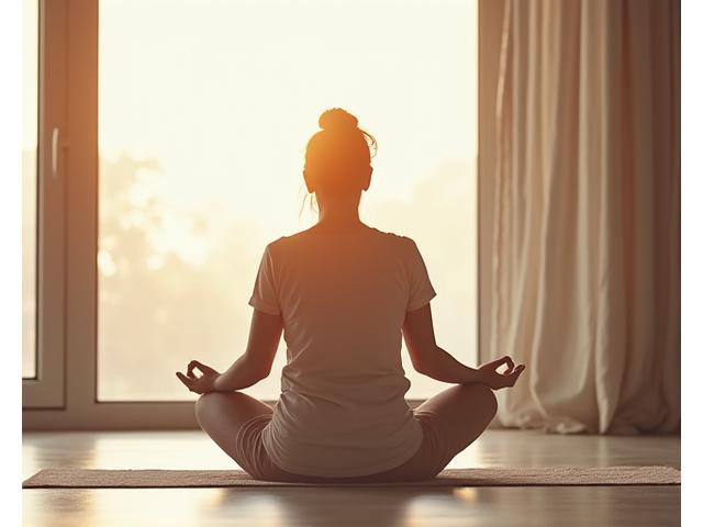 Persona meditando en casa en un ambiente tranquilo, simbolizando bienestar mental y gestión del estrés