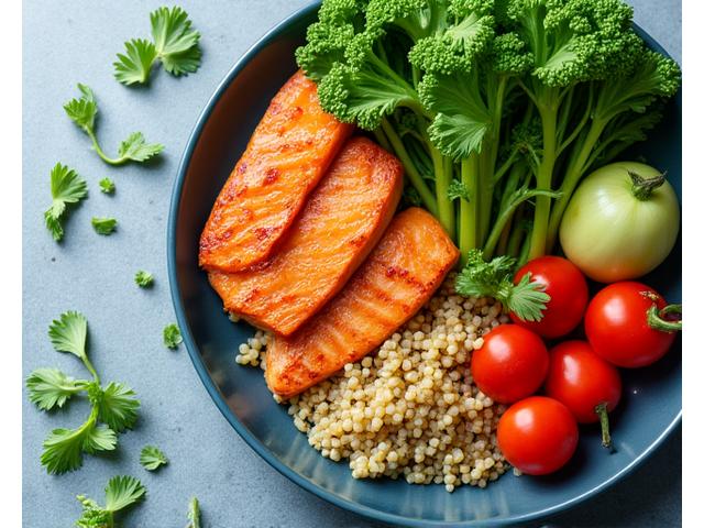 Plato colorido y saludable con verduras frescas y proteínas, simbolizando nutrición inteligente