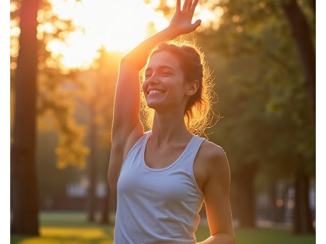 Mujer adulta sonriendo mientras practica yoga al amanecer, simbolizando bienestar y vitalidad