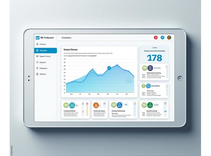 Interfaz de dashboard interactiva mostrando métricas de participación de usuario, historial de feedback y badges de logros.