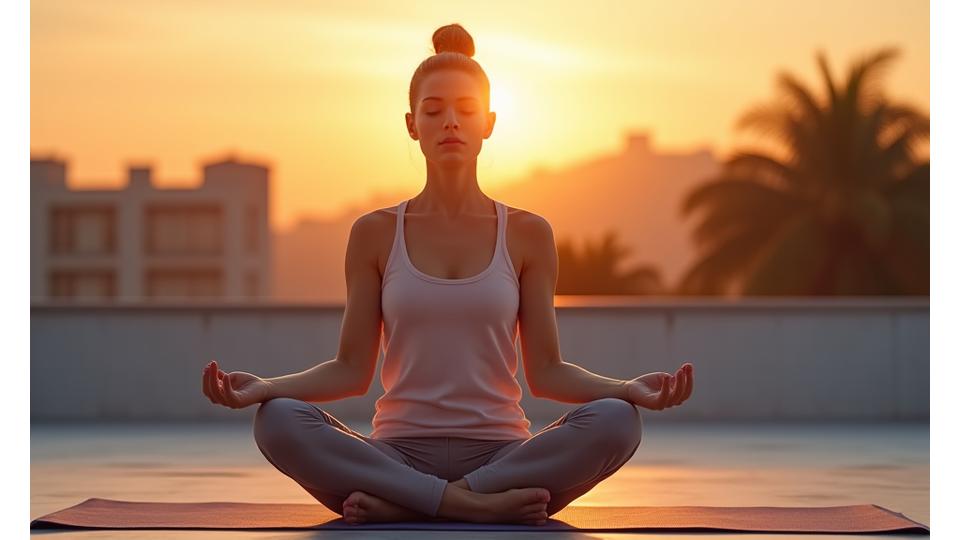Mujer adulta haciendo yoga al amanecer, tema de discusión