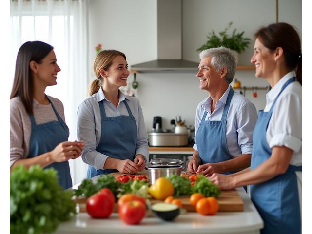 Grupo de Nutrición 35+ con personas preparando comidas saludables sonriendo