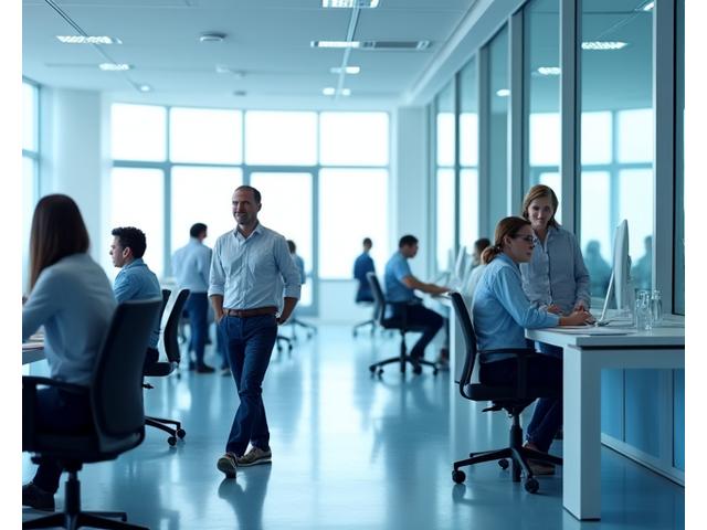 Grupo de Profesionales Activos con personas trabajando de forma ergonómica en una oficina moderna