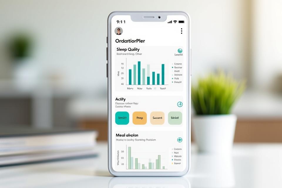Maqueta de la aplicación Ruta Vital mostrando un panel de bienestar personalizado con datos de actividad, sueño y nutrición.