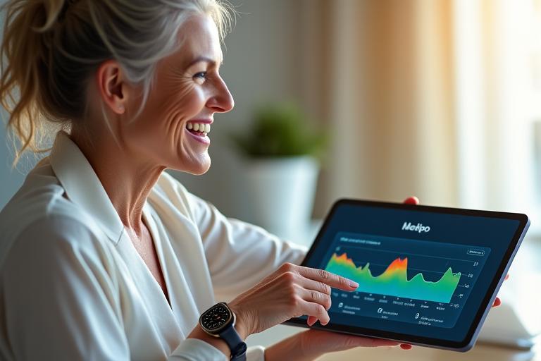 Mujer adulta sonriendo mientras usa una tablet con gráficos de bienestar y un smartwatch en la muñeca, rodeada de elementos de naturaleza y tecnología.