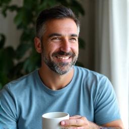 Carlos, padre de familia de 38 años, con aspecto descansado y contento.