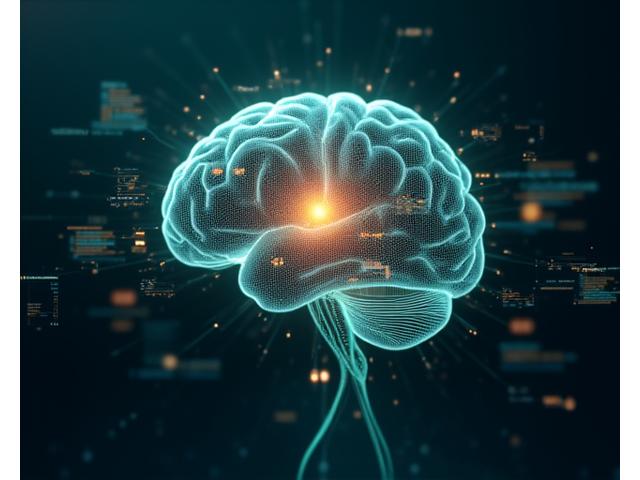 Inteligencia Artificial analizando datos de salud representados por un cerebro luminoso conectado a gráficos y estadísticas discretas.