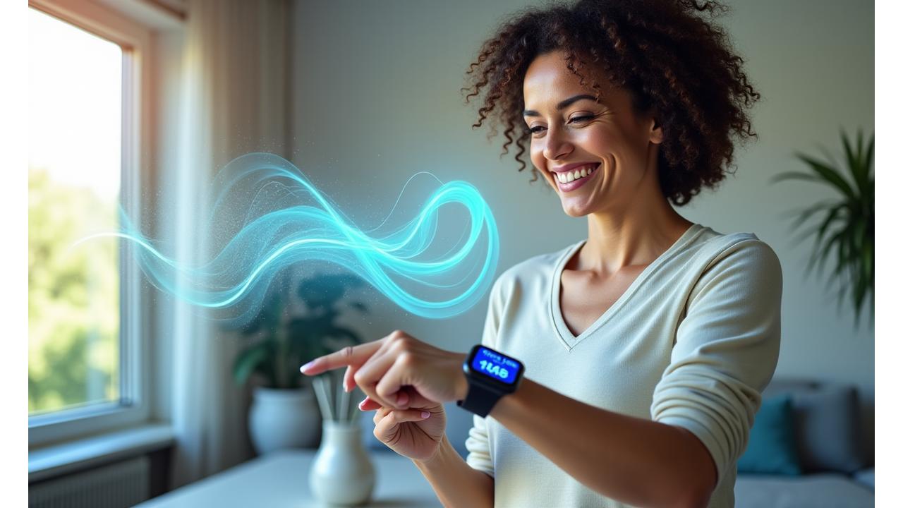 Mujer adulta sonriente mirando los datos de su smartwatch, con gráficos de salud superpuestos que fluyen hacia una representación de la Ruta Vital.