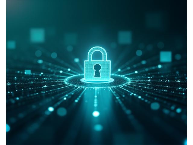 Representación visual de la seguridad de datos, con escudos luminosos y una cerradura digital flotando sobre una red de información.