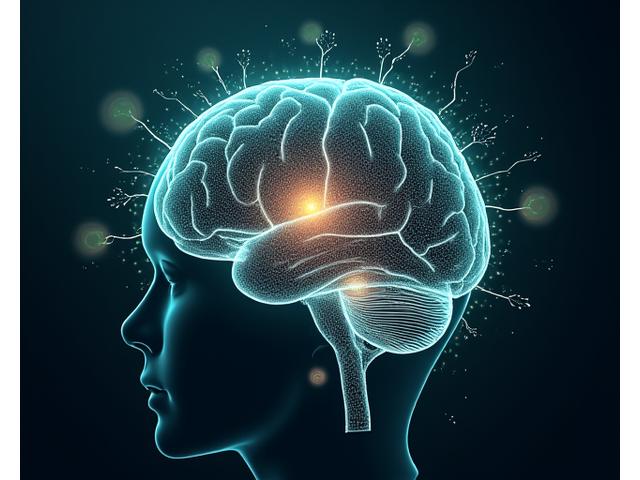 Representación artística de un cerebro humano rodeado de patrones de ondas cerebrales y fases de sueño (REM, NREM), con un reloj discreto al fondo indicando ritmos circadianos, tonos oscuros y tranquilos.