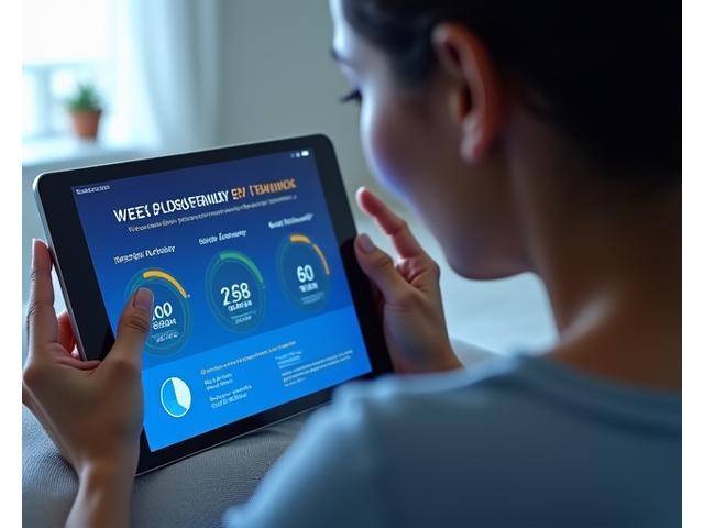 Persona tocándose la sien, pensando profundamente en un quiz de sueño en una tablet con gráficos de progreso de fondo, tonos azules y blancos.