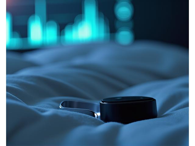 Dispositivos de seguimiento de sueño de alta tecnología, como un anillo Oura y un Apple Watch, colocados sobre ropa de cama suave y de tonos neutros, con una interfaz de datos de sueño proyectada sutilmente en segundo plano, colores tecnológicos y relajantes.