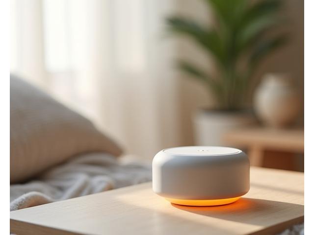 Altavoz de meditación compacto y minimalista sobre una mesa de madera, emitiendo una luz suave.