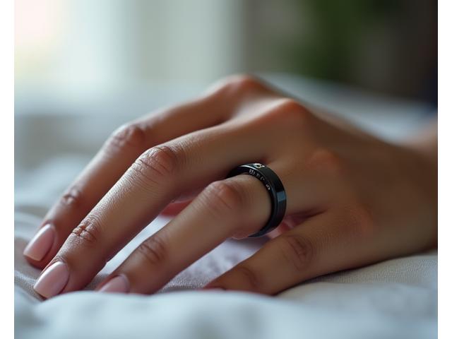 Anillo inteligente Oura Ring en un dedo, mostrando sus sensores de seguimiento de la salud.