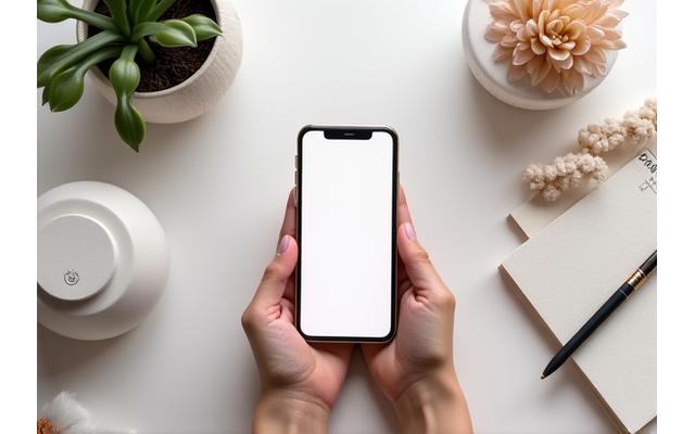 Mano sosteniendo un smartphone mostrando una aplicación de meditación, rodeada de difusores de aromaterapia y un diario en un escritorio minimalista.