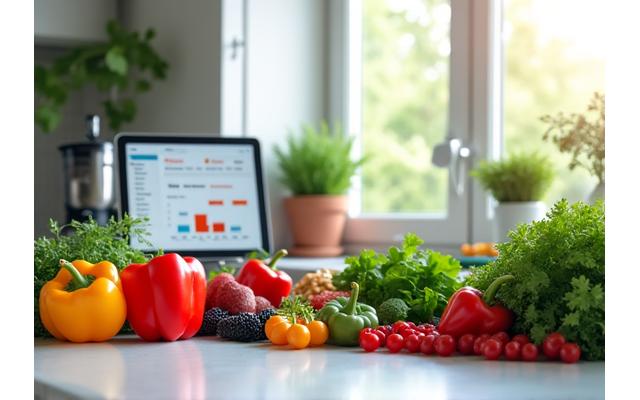 Una mesa de cocina limpia con ingredientes frescos, utensilios de cocina inteligentes y una tableta mostrando un plan de comidas saludable.