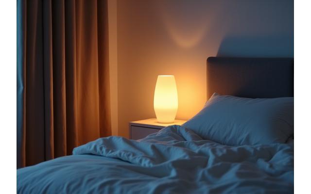 Una habitación moderna con iluminación suave, una lámpara inteligente de espectro completo y sábanas de lino de alta calidad, evocando un ambiente de sueño.