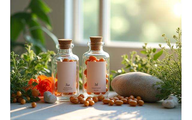 Botellas elegantes de suplementos naturales y extractos de plantas sobre una superficie de madera clara con luz natural.