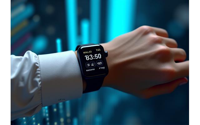 Primer plano de un smartwatch elegante en una muñeca, sobre un fondo tecnológico borroso.