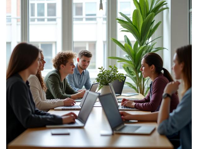 Muestra del equipo de Ruta Vital colaborando en un espacio de co-working moderno y relajado, con plantas y mucha luz natural, representando una cultura de trabajo flexible y creativa.