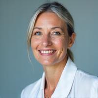Retrato profesional de la Dra. Elena Pérez, miembro del consejo asesor médico de Ruta Vital, con una bata blanca y una expresión pensativa.