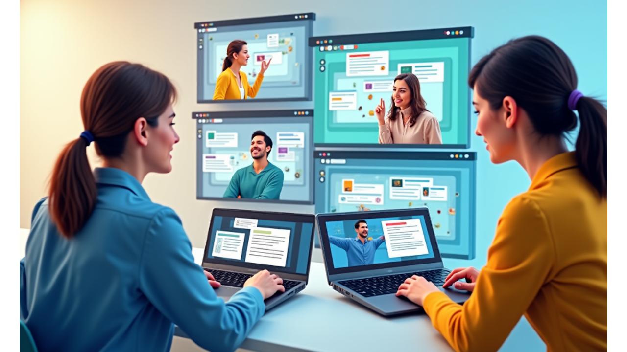 Personas participando activamente en un taller virtual, usando chats, encuestas y breakout rooms.
